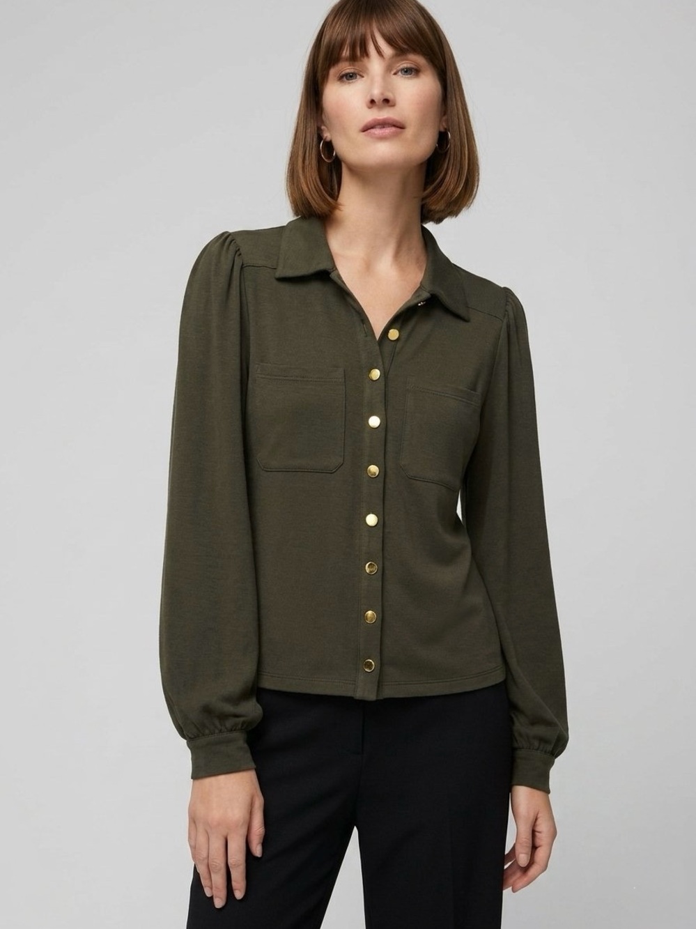 WHBM The Passporter Olive Button-Front Long Sleeve Shirt
